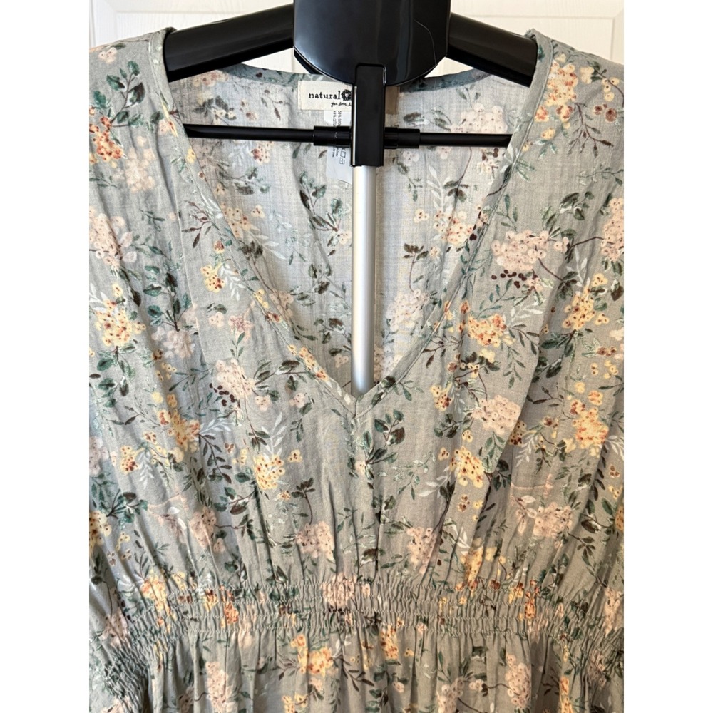 Natural Life Floral Kaftan Maxi Dress Sage Green Cotton V-Neck Empire Waist - Picture 2 of 7